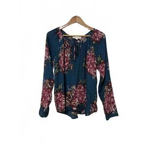 Lovestitch Blue & Burgundy Floral Peasant Blouse Boho Cottagecore Chic, Size L